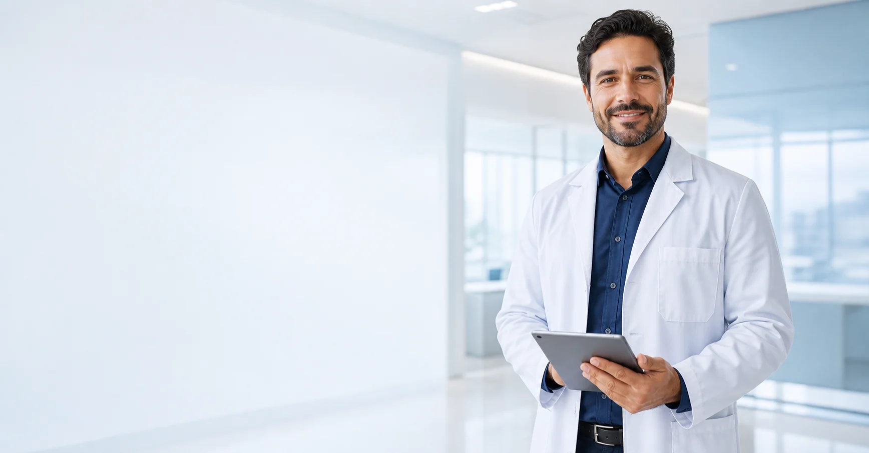 Médico com tablet em ambiente clínico moderno